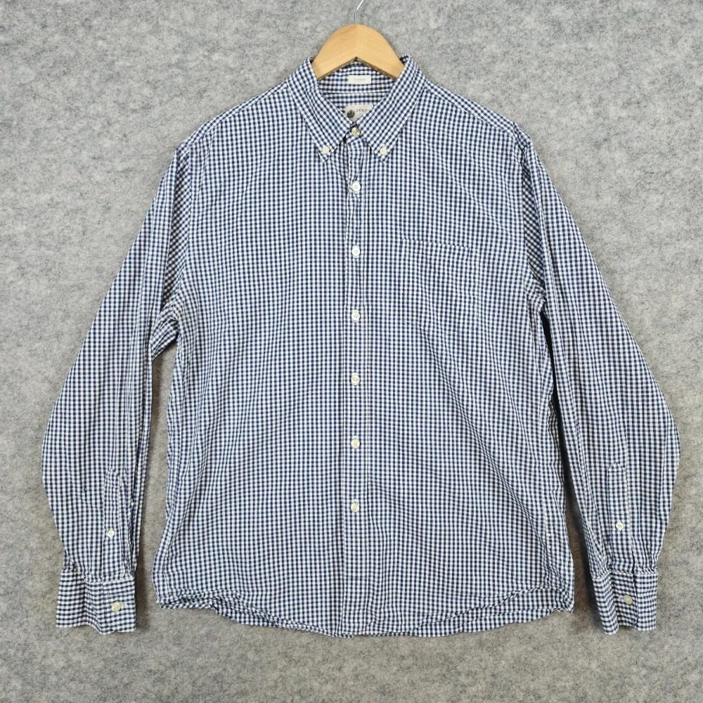 J Crew Shirtings Men's Blue & White Checks Size L 100% Cotton Washed Casual HOLE
